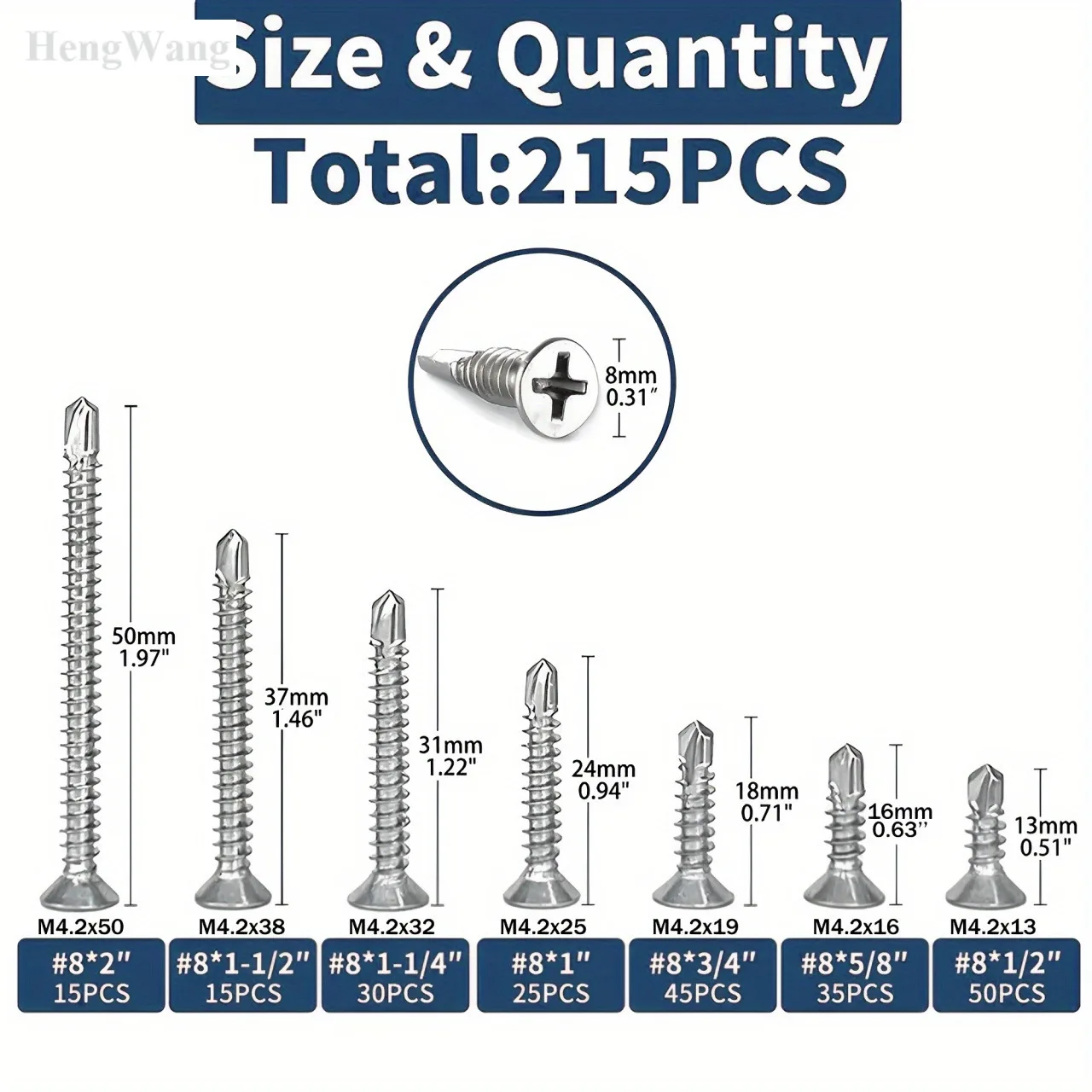 

215PCS 410 Stainless Steel Self Drilling Screw Assortment Kit M4.2 Flat Head Self Tapping Screw for Aluminum Sheet Metal Roofing