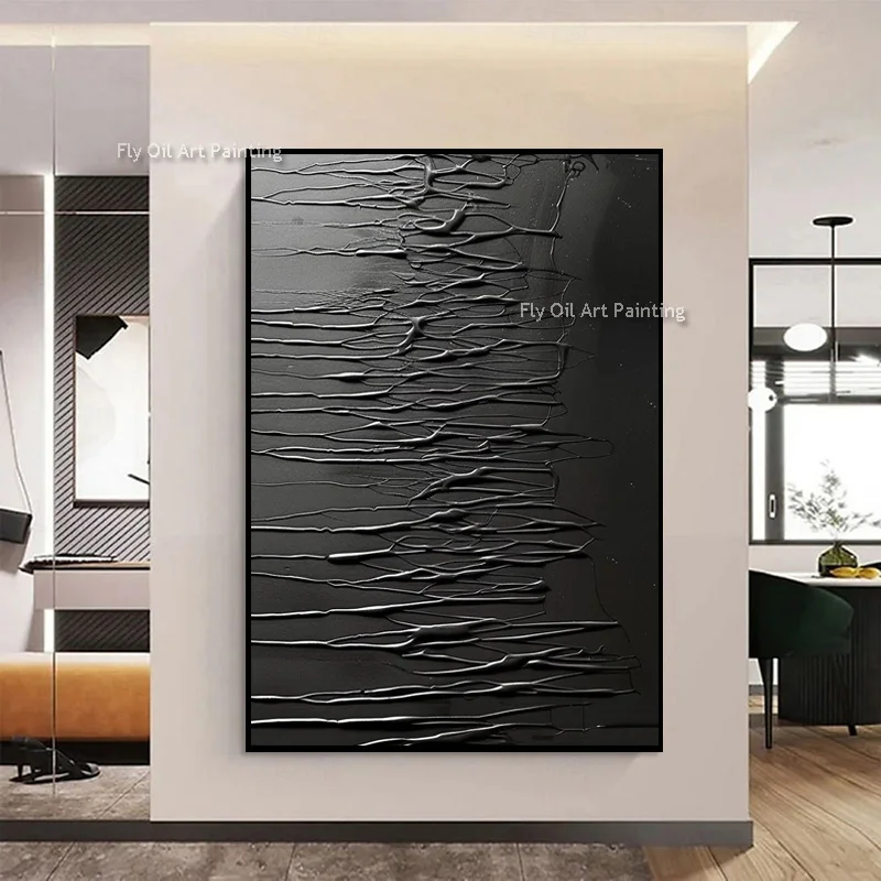 Original Hand Painted Vertical Dark Grey Canvas Art, Rough Sculpture Texture Contemporary Dark Minimal Wall Hanging