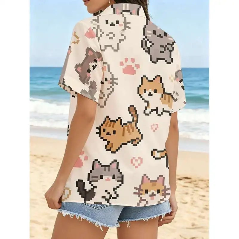 Women's Casual Short Sleeve Shirt Pixel Art Cute Kitten All-Over Print Fashion Button-Up Top Machine Washable Blouse