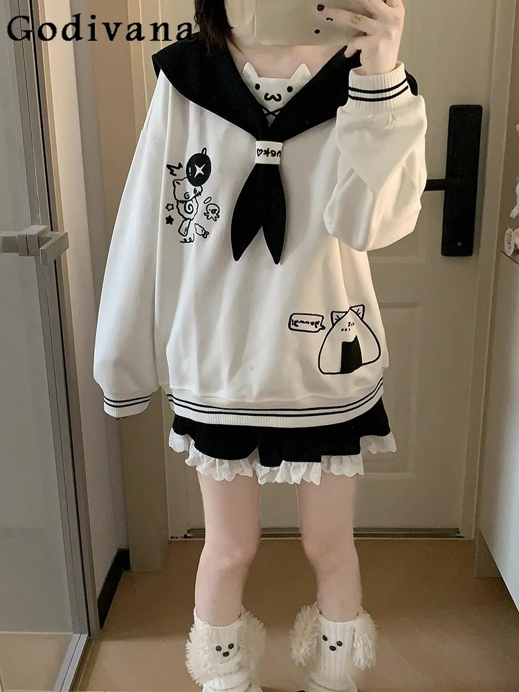

Japanese Style Sweet Kawaii Navy Collar Pullover Autumn New Girl's Cute Print Loose Slimming Casual Top Hoodies Sweatshirt 2025
