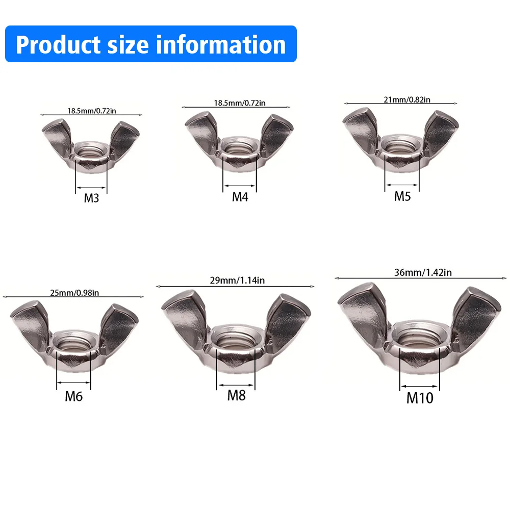 95 Stainless Steel Wing Nuts, M3 M4 M5 M6 M8 M10, Wing Nut Sorting Kit for Easy Installation and Removal.