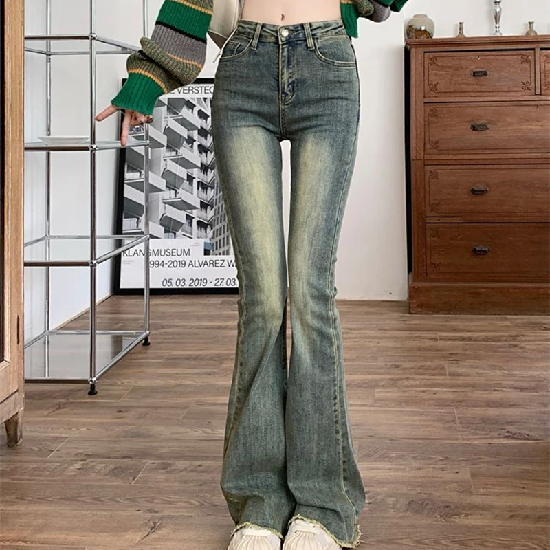 Y2K Elastic High Waist Skinny Jeans Women Vintage Washed Raw Edge Flare Pants Female Korean Fashion Streetwear Denim Trousers