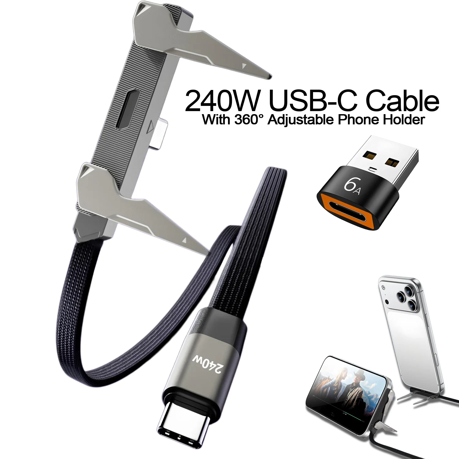 USB C to USB C Cable 240W Fast Charging Cable with OTG Stand Type-C Cables with 90° T-Shaped Stand for iPhone 17 16 Samsung