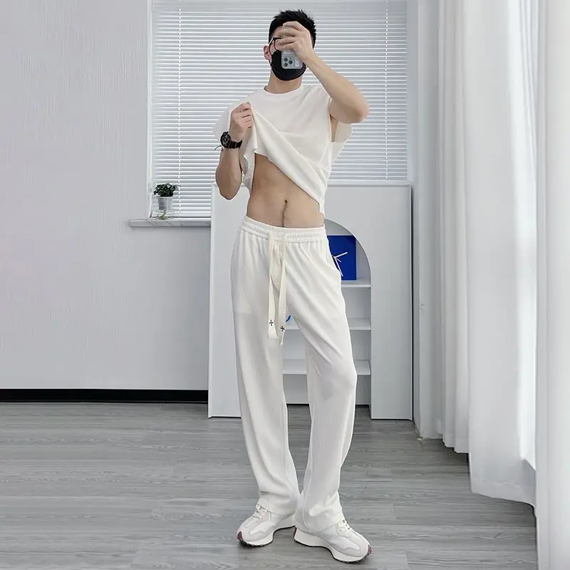 Ensemble deux pièces pantalon en soie glacée haut de gamme été haute rue blanc pantalons décontractés Niche grande taille droite ample drapé pantalon ensembles