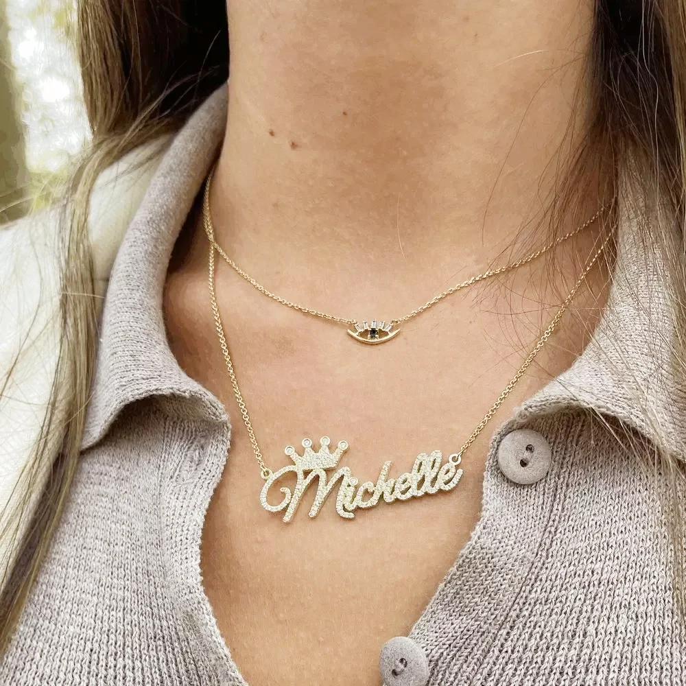 Qitian Custom Name Necklace With Crown Personalized 18k Gold Plated Diamond Name Necklaces Pendant For Women Charms Jewelry Gift