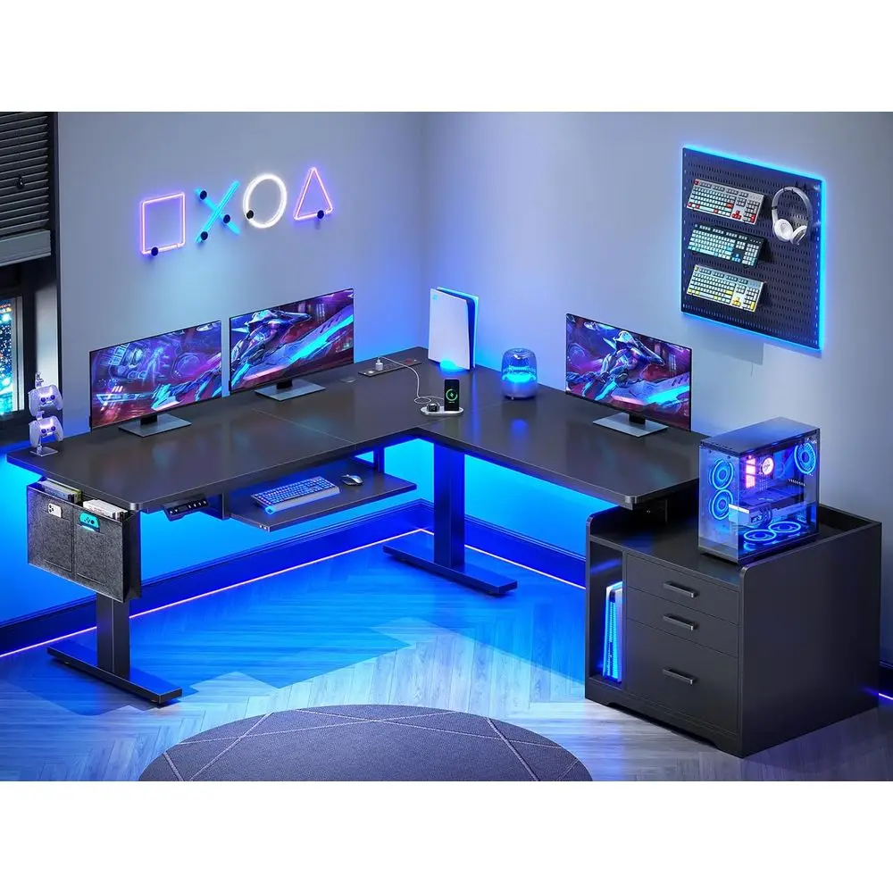 

Black Height-Adjustable L-Shaped Desk with Storage Cabinet, Power Outlet, LED Lights, and Keyboard Tray for Home Office or Gamin