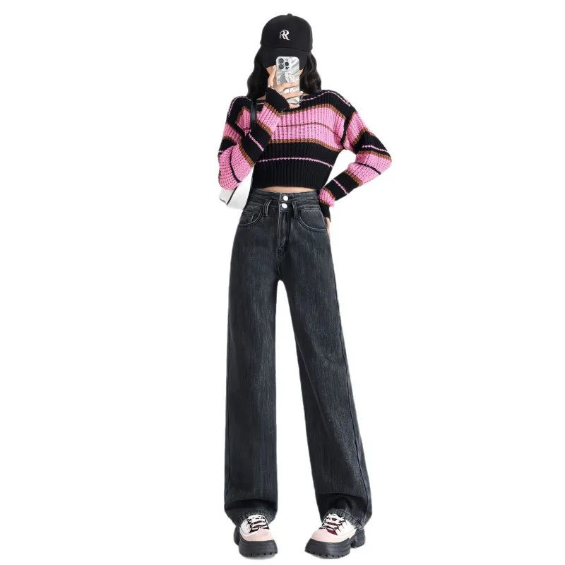 여성용 두꺼운 배기 스트레이트 진 겨울용 따뜻한 하이웨이스트 벨벳 안감 와이드 레그 데님 팬츠 한국 패션 솔리드 캐주얼 바케로스