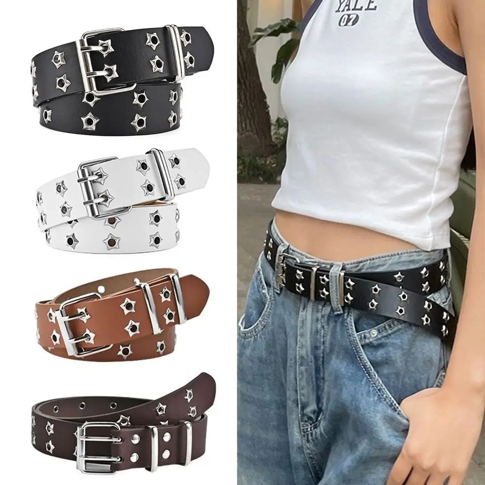 Men Women Star Eyelet Rivet Belts Hip Hop Punk Rock Style Double Pin Buckle Waistband Waist Band