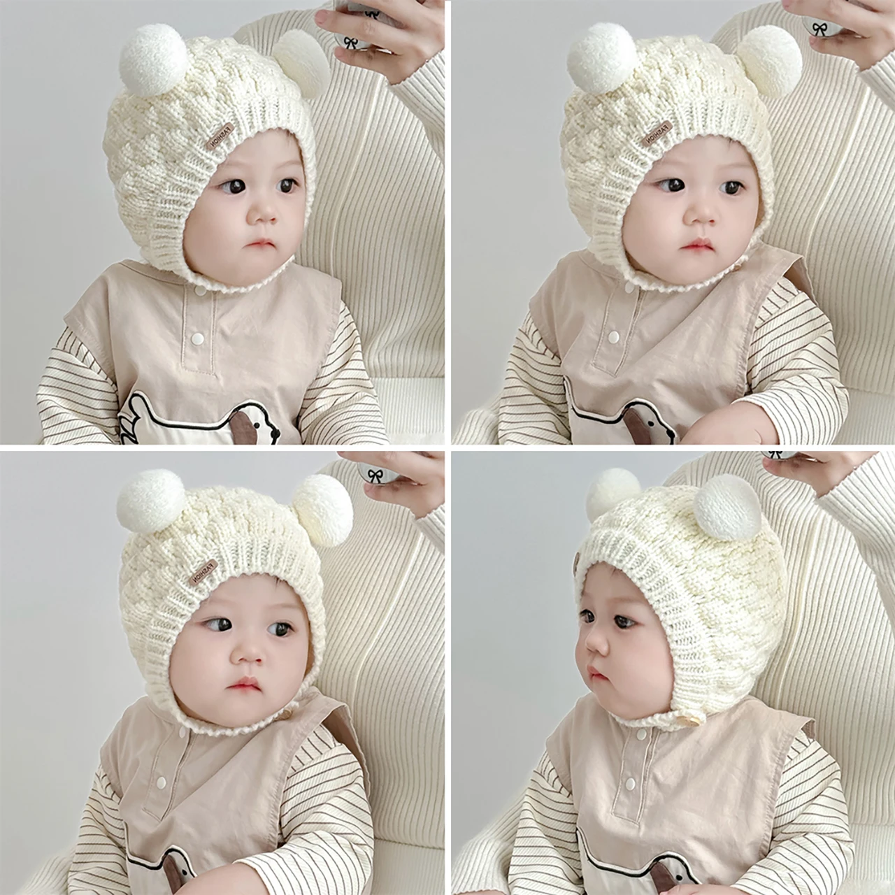 

Winter Baby Ear Protection Cap Warm Woolen Beanie Cute Double Plush Ball Infant Headgear Boy Girl 6-24Month Pompom Knitted Hat