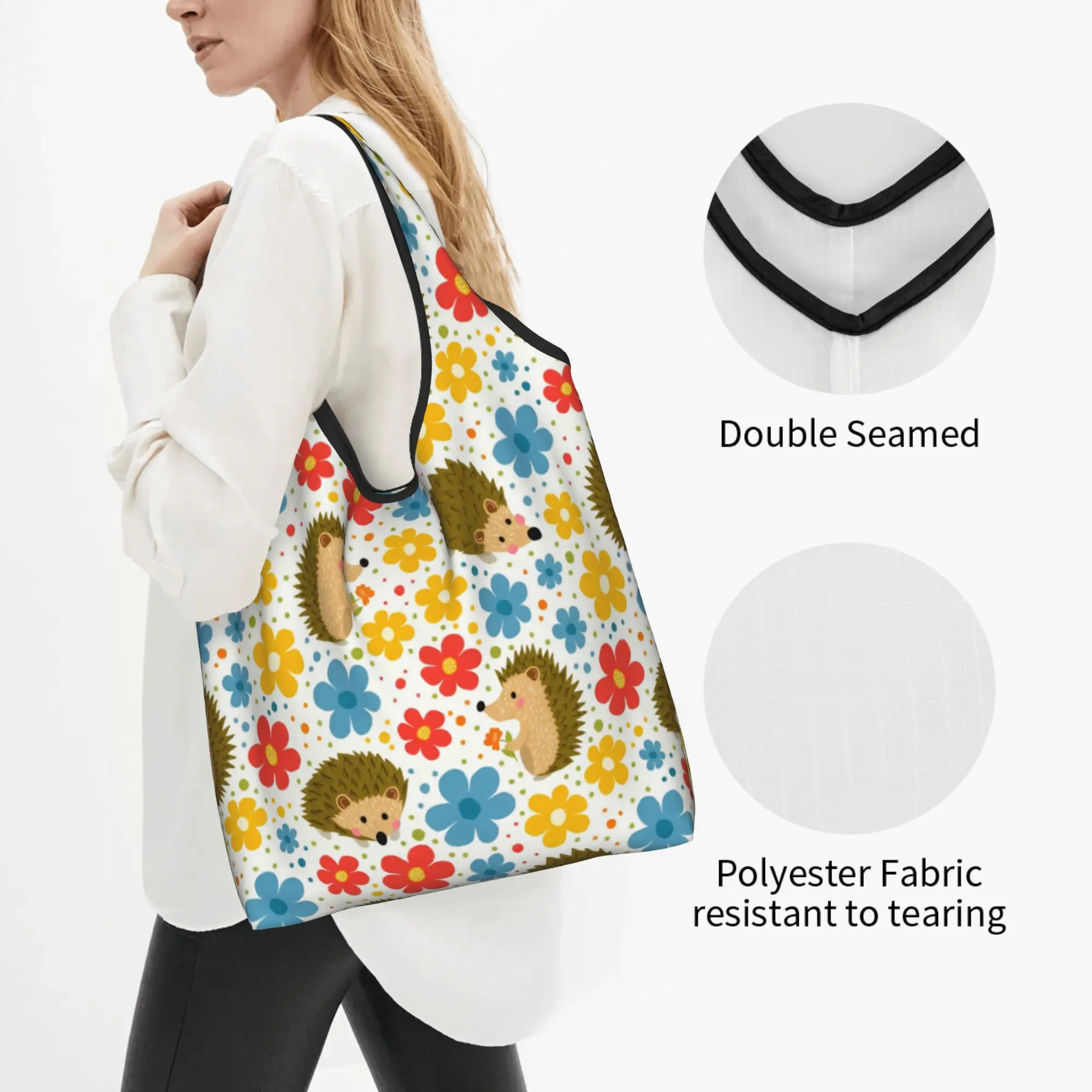 Custom Happy Hedgehog Furze Pig  Shopping Bag Women Portable Large Capacity Groceries Flowers on Ivory  Tote Shopper Bags