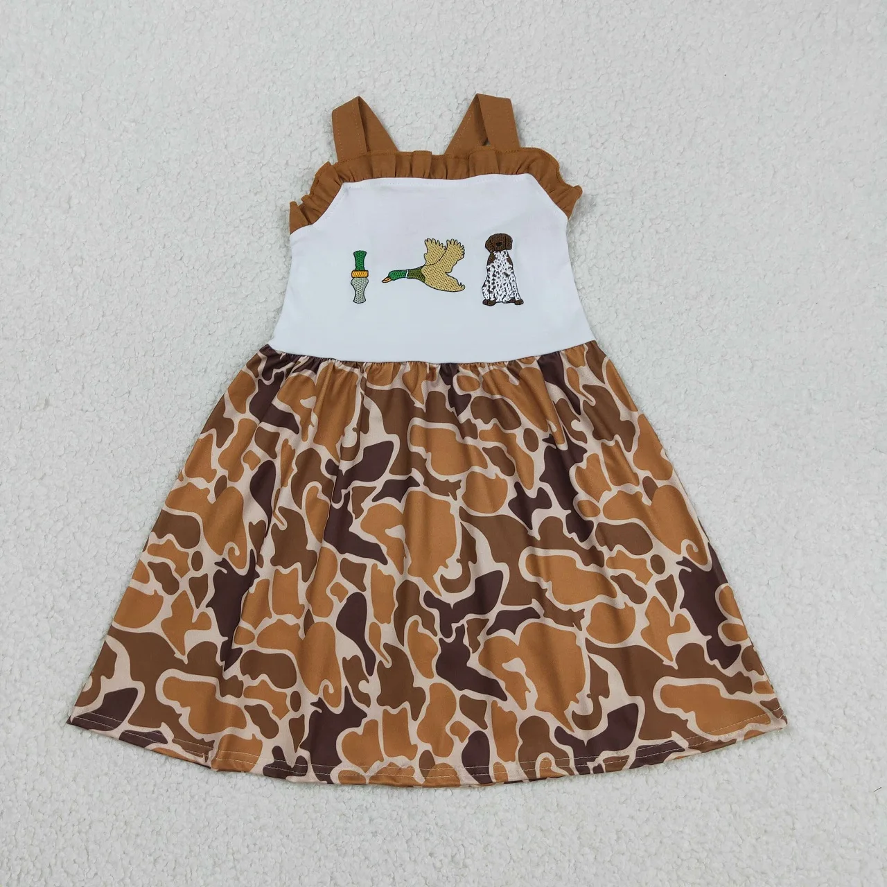 Wholesale Kids Children Straps Embroidery Duck Dog Knee Length Dress Baby Girl Dresses Infant Toddler Girls Camo Clothing