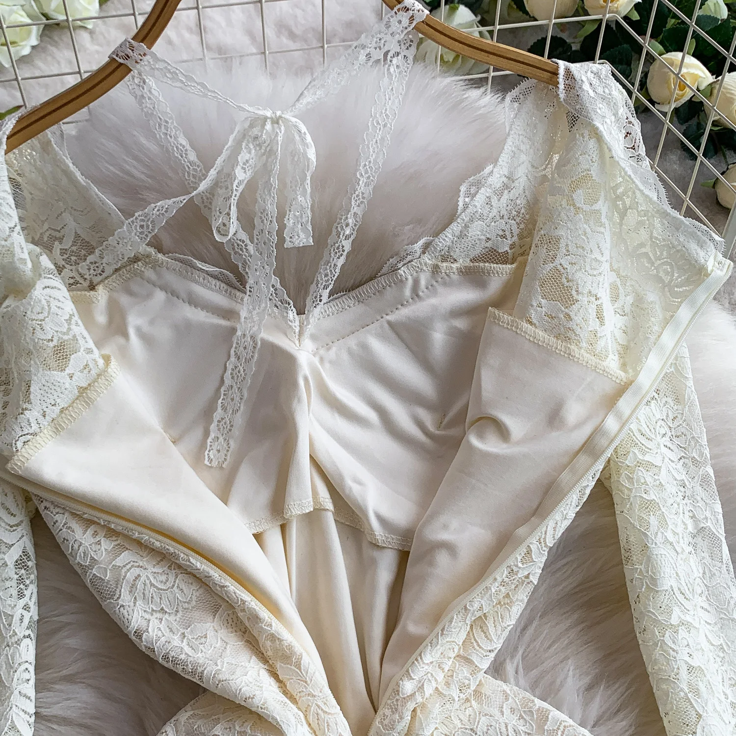 فستان أنيق عتيق بأكمام طويلة ورقبة على شكل حرف v من الدانتيل فستان صيفي بوهو على الموضة الكورية الجنية ملابس نسائية