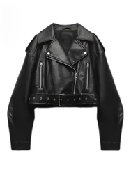 Women's Oversized Retro Loose Faux Leather Short Jacket with Belt Streetwear Women's Zipper Retro Motorcycle Jacket New Style