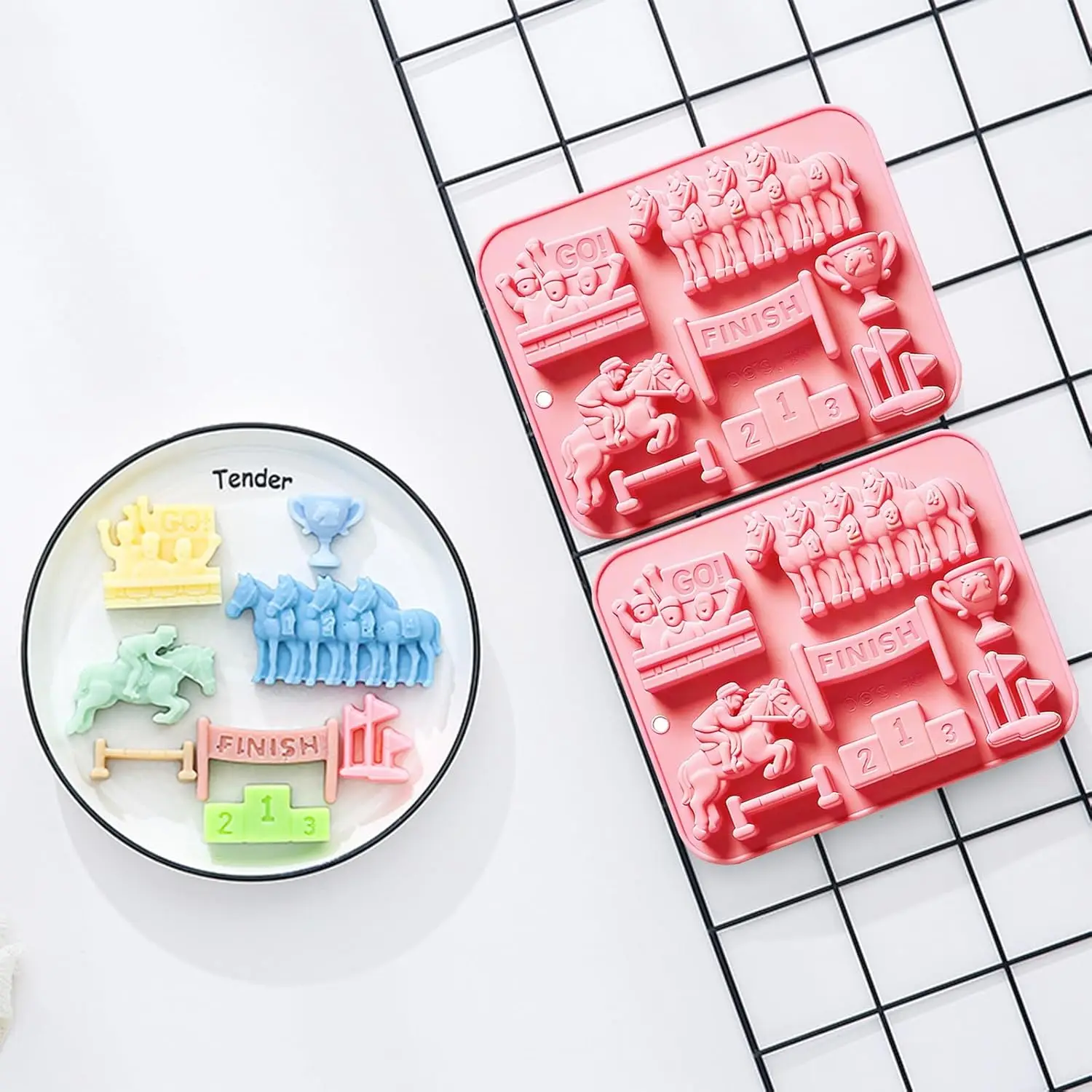 Silicone Horse Racing Theme Molds 8 Cavity Jockey Podium Trophy Finish Line Chocolate Molds for Candy Cookie Cake Decoration