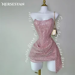 Nersesyan-vestidos de fiesta con purpurina roja rosa para noche, hombros descubiertos, pliegues de encaje, Espalda descubierta, vestido de graduación, perlas, lentejuelas, vestidos de cóctel