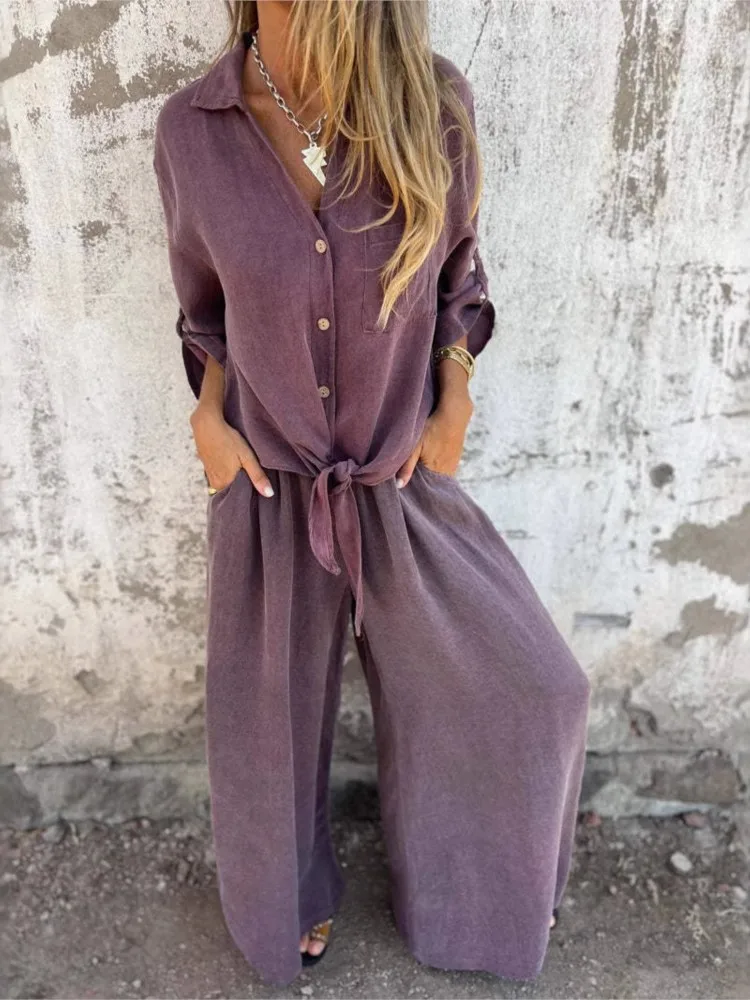 

Female Casual Solid Two-piece Set Spring Autumn Ladies Fashion Flip Collar Single-row Buckle Top+long Pant Suit Office Outfit