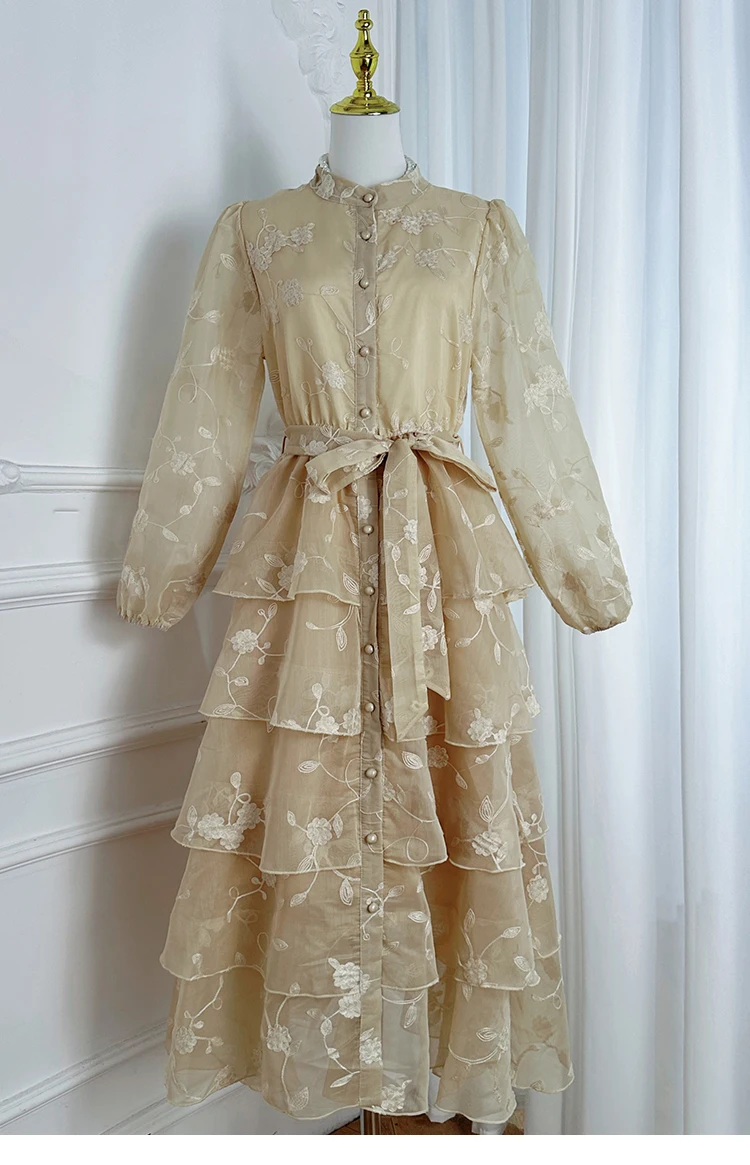 Outono retro sólido vestido feminino bordado impresso renda em camadas vestido único breasted gola mangas puff com cordão