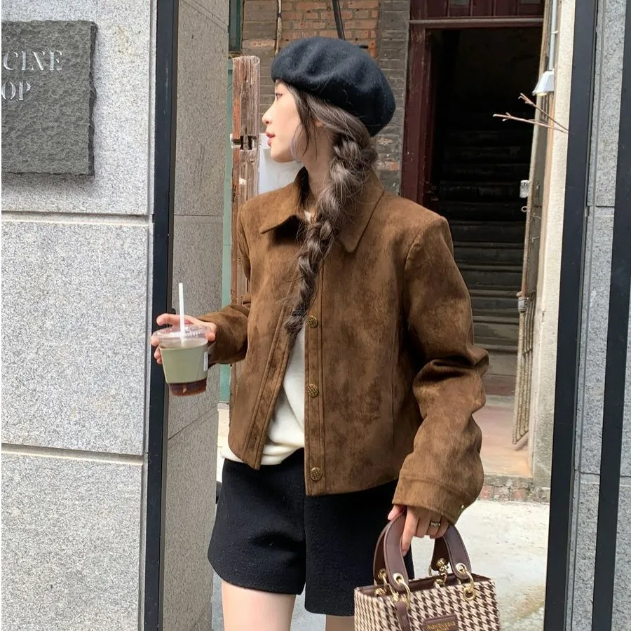 

Women's ort Jaet Coat 2025 Spring Autumn Turn-down Collar Utili Retro Sle Versatile New Top Vinegar Fiber Regular Length