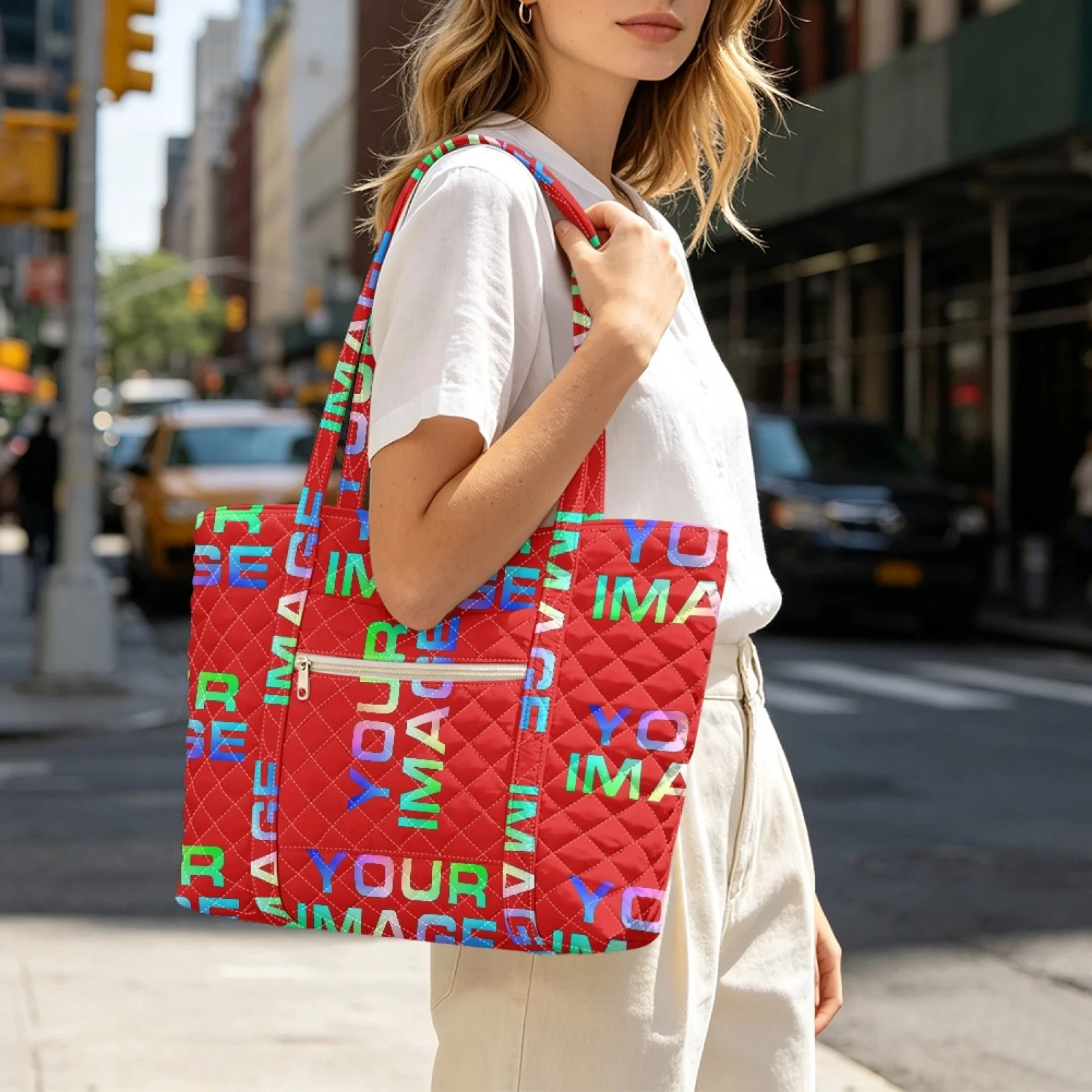 Trendy Quilted Tote Bag for Women Multi Compartment Zip Top Handbag Urban Stylish Daily Use Short Trip Bags Print On Demand