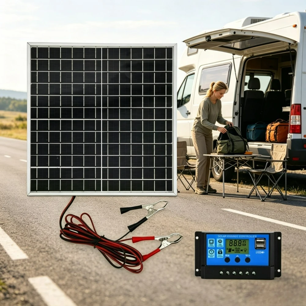 Portable Off Grid 12W 12V Solar Panel Monocrystalline Module Aluminum Frame LCD Solar Charge Regulator Kit for Camping RV ATV