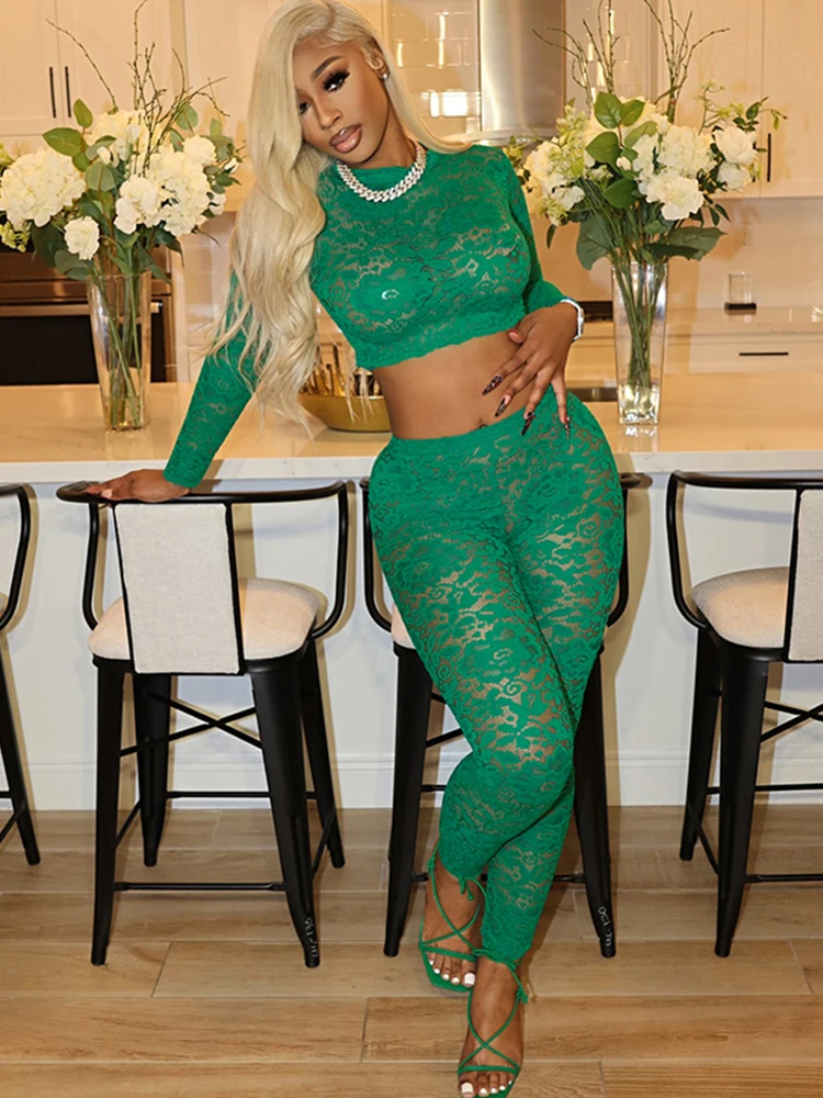 

Weird Puss Sexy Jacquard 2 Piece Set Women See Through O-Neck Crop Tops+Leggings Skinny Stretch Matching Midnight Party Clubwear