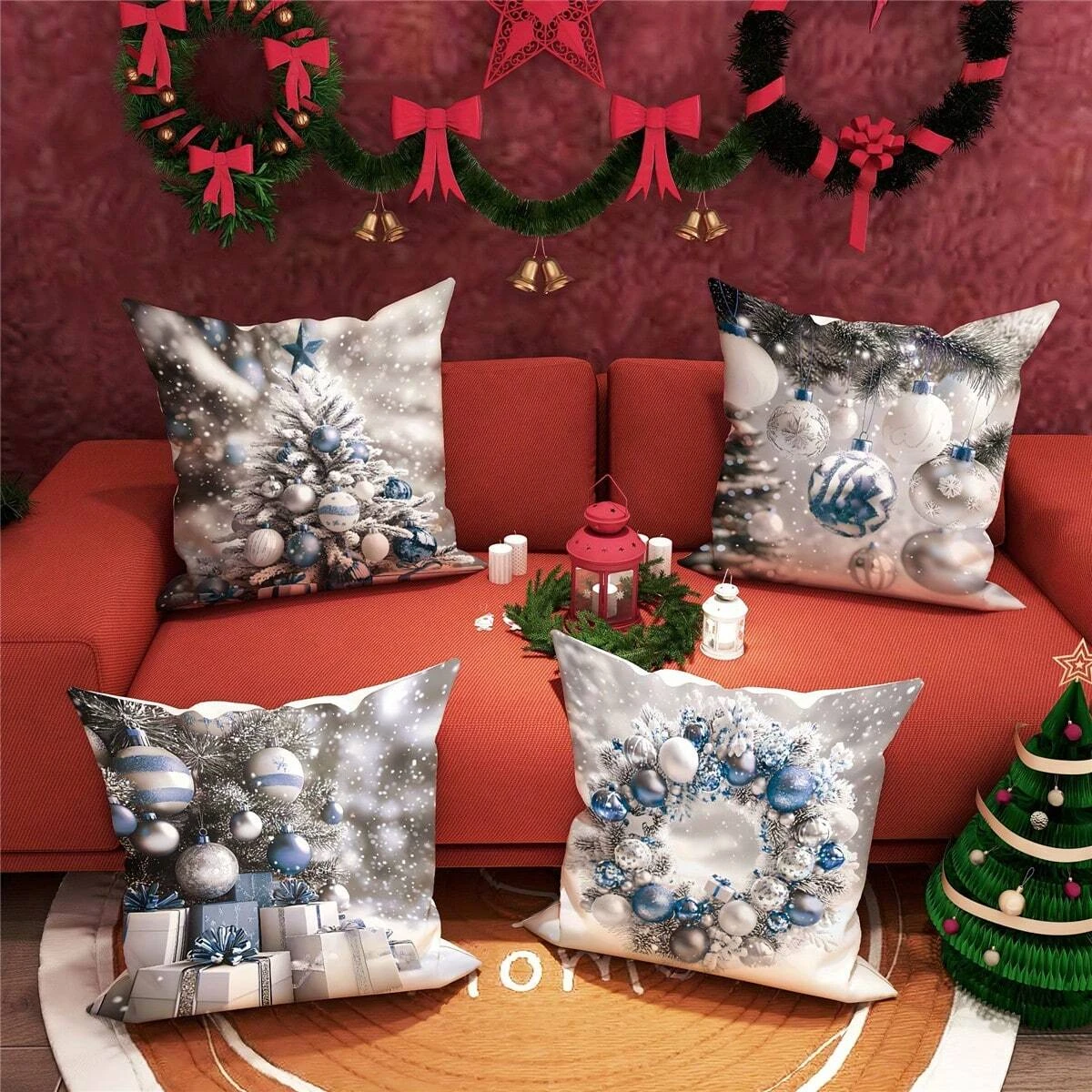 

1pc Christmas Themed Cushion Cover - Silver Grey & Steel Blue Modern Style, Machine Washable, Ideal for Living Room/Bedroom/Sofa