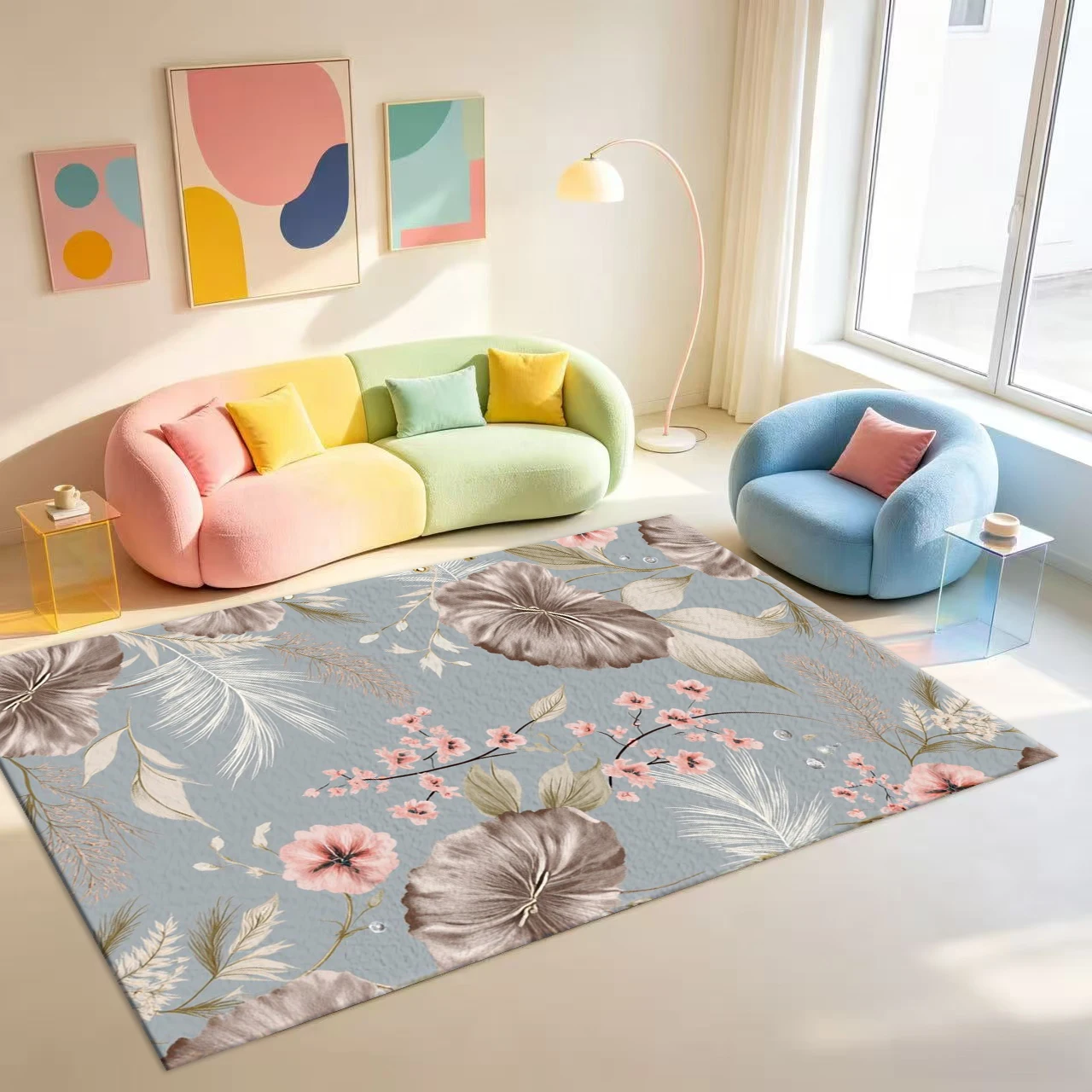 Gray-Blue Tropical Floral Carpet Floor Decoration Vintage Feather Plant Pattern Home Carpet