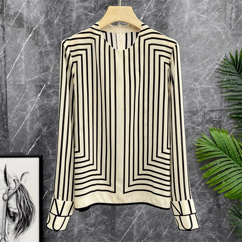 FANIECES Stripe Print Satin Women Blouse Pullover Tops Casual Streetwear Autumn Long Sleeve O Neck Female Shirt camisas y blusas