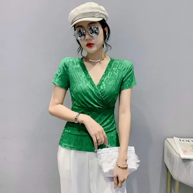 #5113 Green Yellow Mesh Wrap T Shirt V-neck Diamonds Sexy Skinny T-shirt Female Elastic Skinny Womens Tshirt Short Sleeve Summer