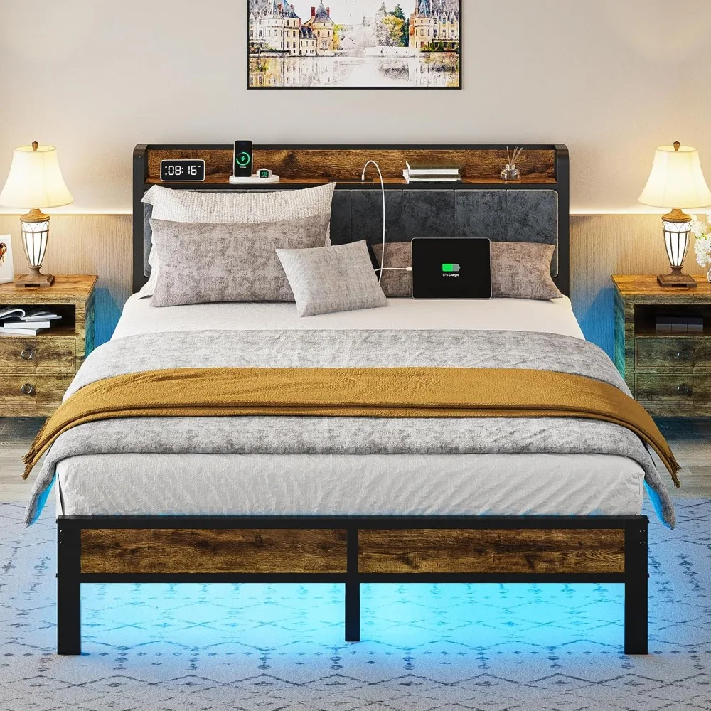 

Large bed frame with headboard, metal platform bed with smart LED lights and USB charging station, easy to assemble