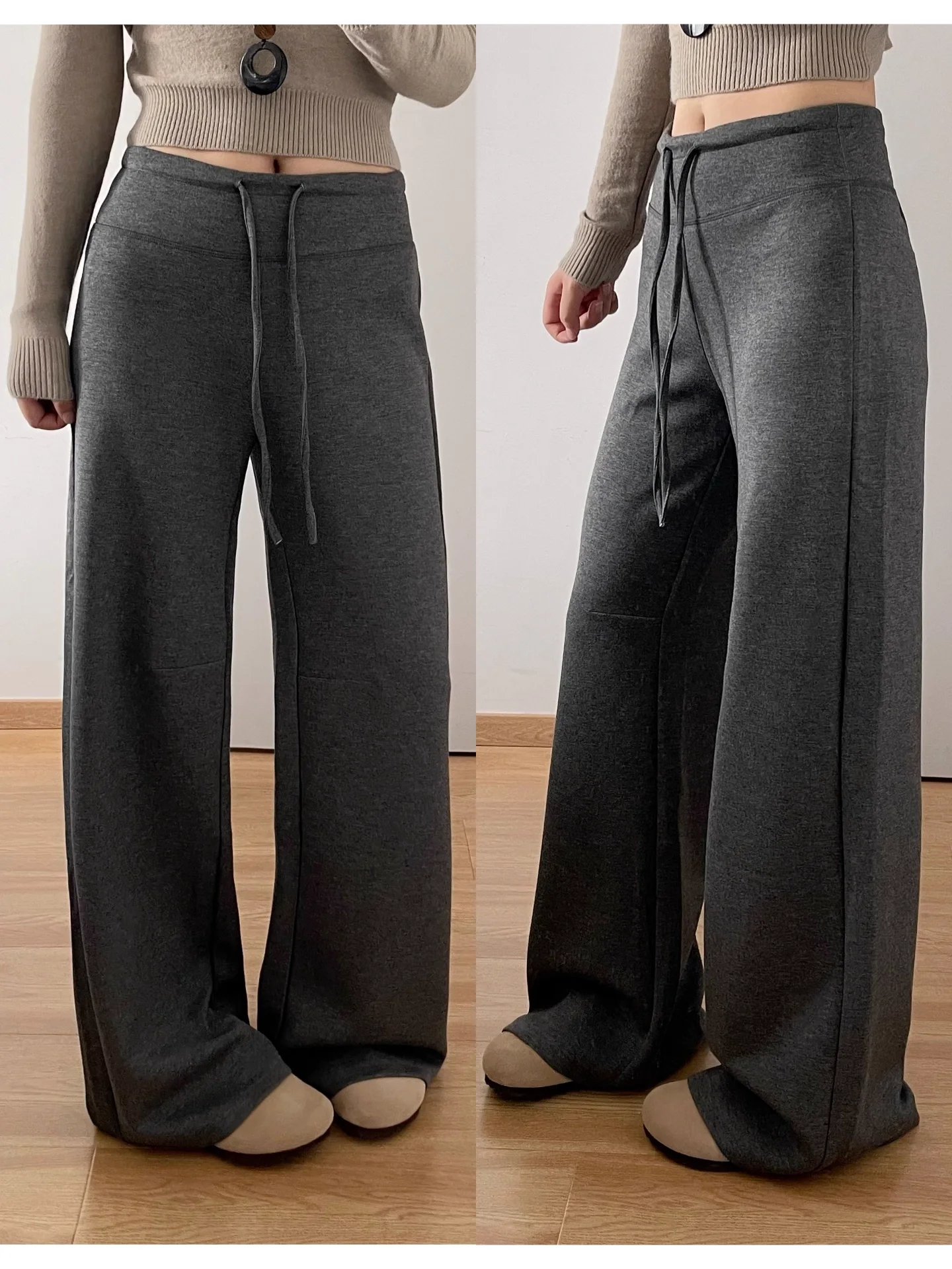 

Lulu Style Airy Cotton Wide Leg Casual Sweatpants High Waist Straight Cut Illusional Leg Lengthening Comfortable Loose Fit