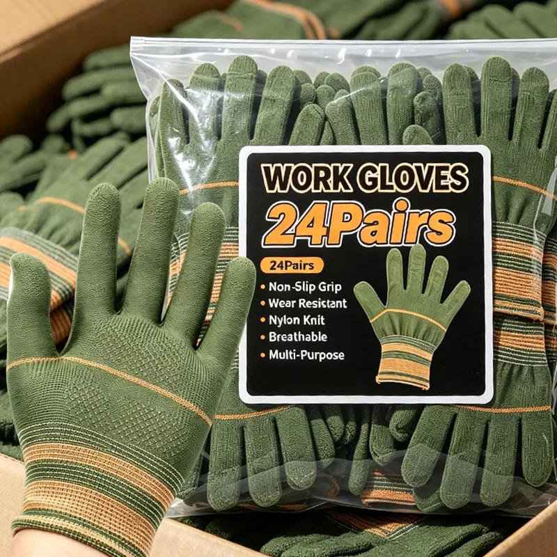 1-24pairs Nylon Non Slip Wear Resistant Work Gloves Safety Gloves Protective Gloves for Construction Warehouse Industrial Work
