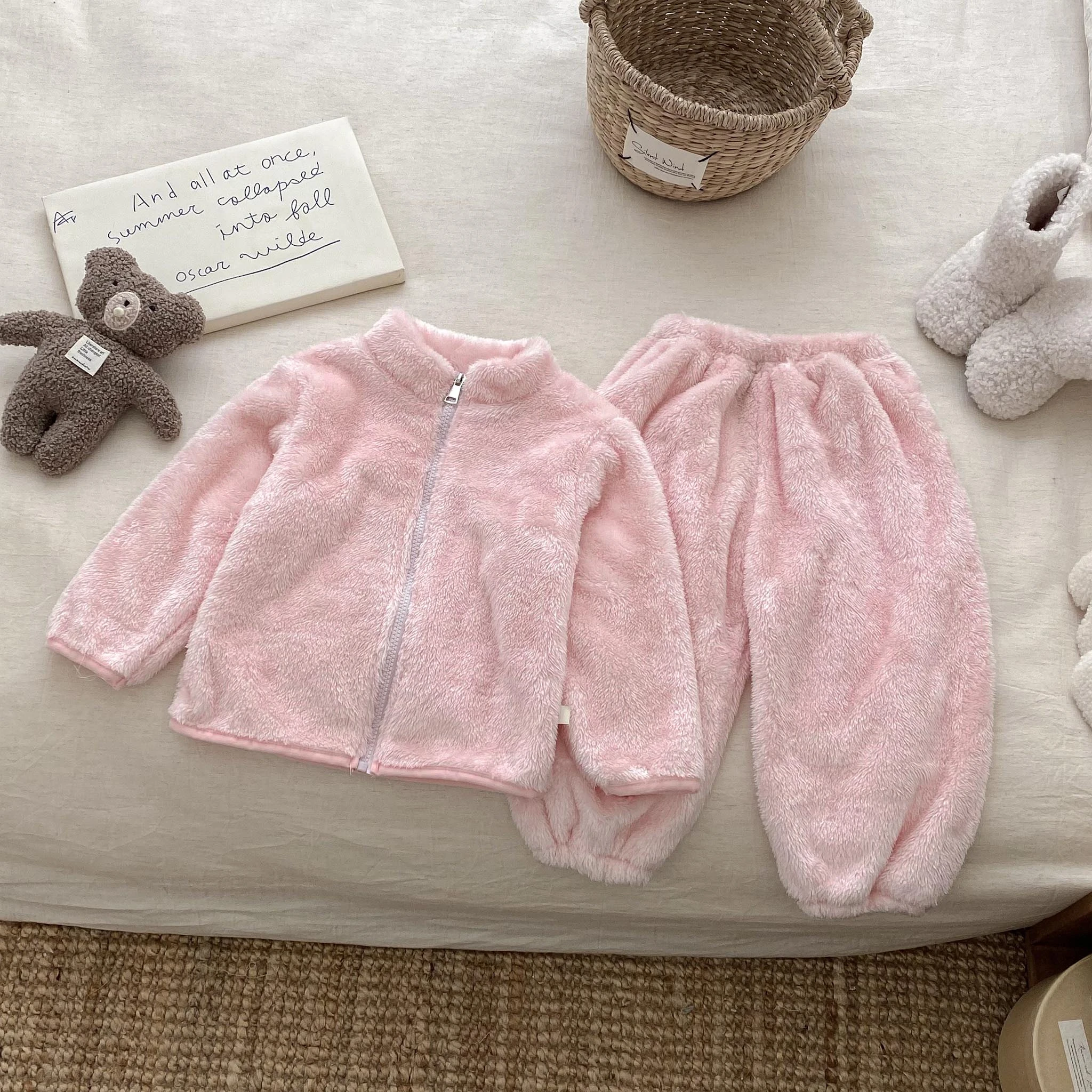 الوردي أفخم معاطف + السراويل 2 قطعة/مجموعة للفتيات ملابس الخريف الشتاء الدافئة ملابس المنزل غير رسمية وتتسابق ملابس أطفال الدعاوى القطيفة #1