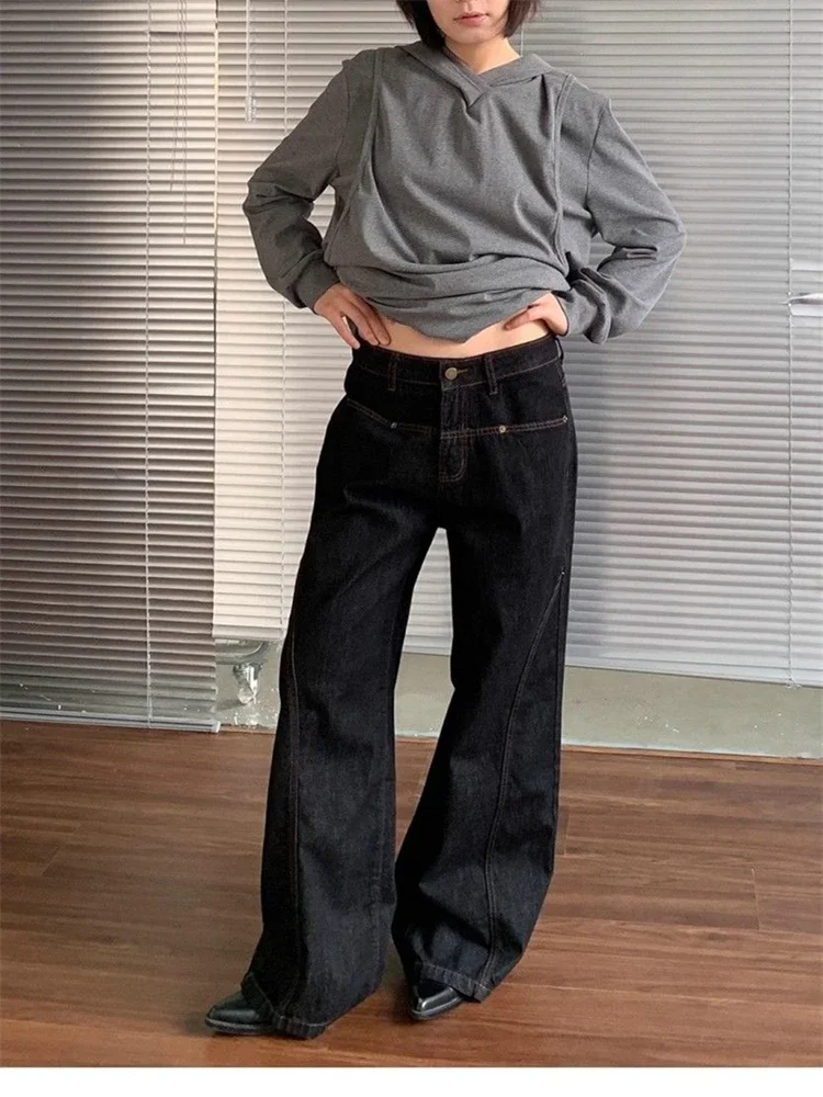 

Cool Girl Casual Bottoms Female High Waist Splicing Design Pant Women's Vibe Straight Wide Leg Jeans Vintage Dark Color Trousers