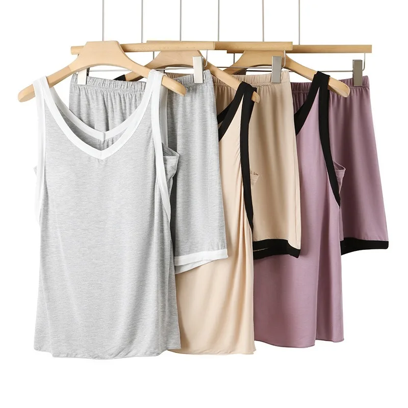 

Built in Padding Modal Pajamas Sets Summer 2pcs Casual Homewear Braless Camisole Shorts Lady's Seamless Loungewear