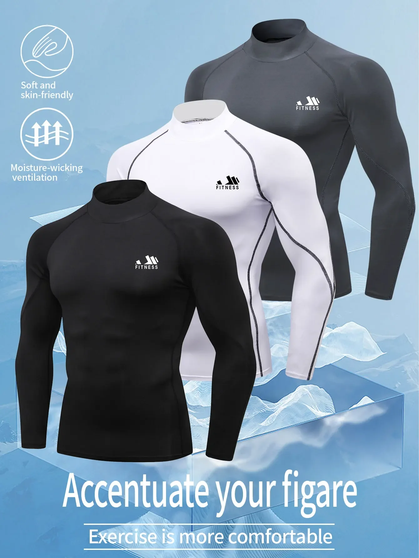 

3-piece men's mid - high neck fitness long sleeve, sports running long sleeve, autumn/winter quick drying T-shirt