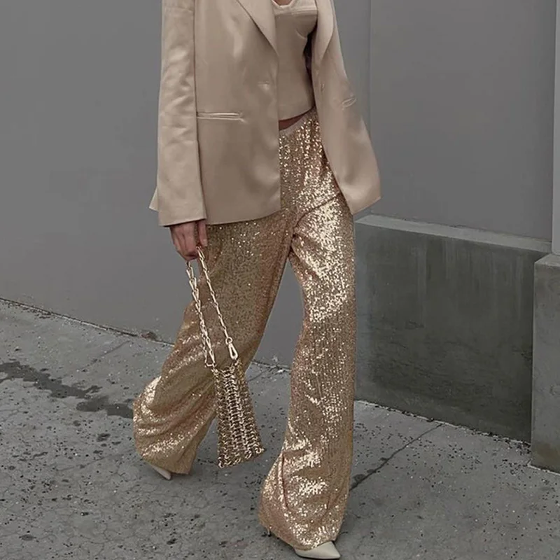 

Модные уличные брюки-мопы с пайетками, длинные прямые брюки-трубы, блестящие повседневные брюки для женщин, осенняя коллекция