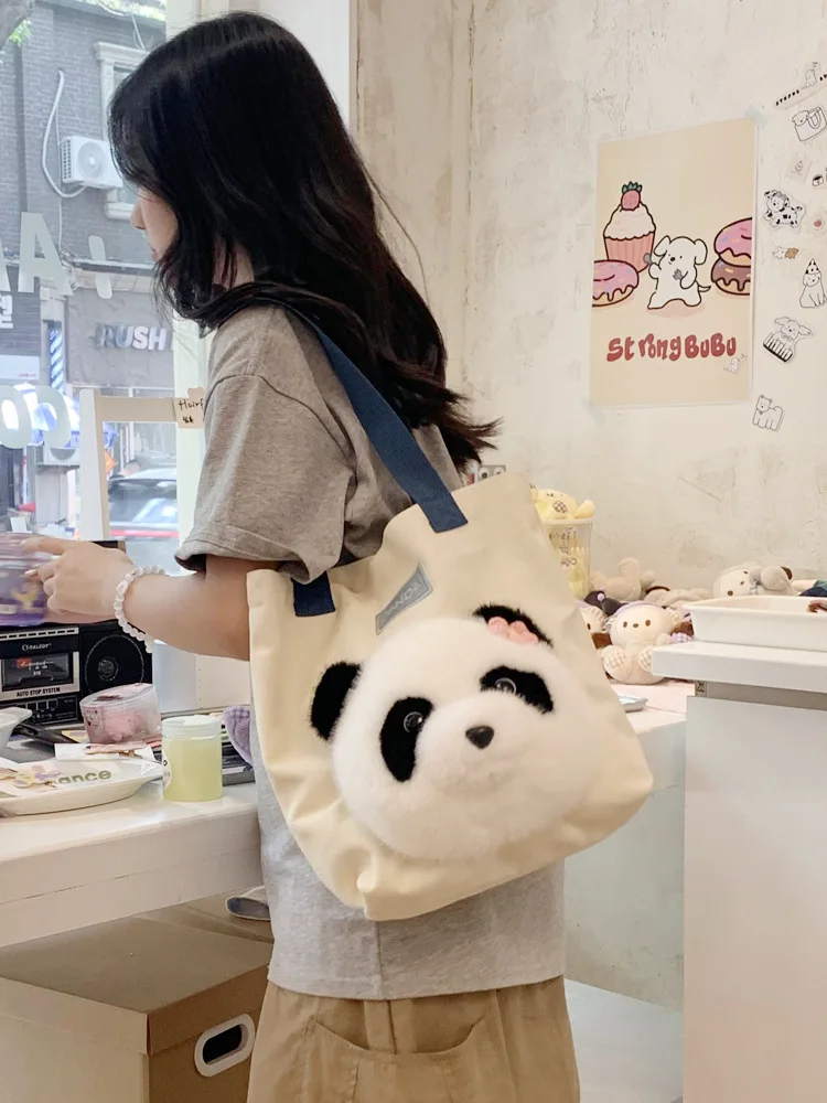 

Giant Panda Bag 2024 New Fashionable Canvas Bag Shoulder Bag Large Capacity Tote Bag Classroom Commuter Crossbody Bag