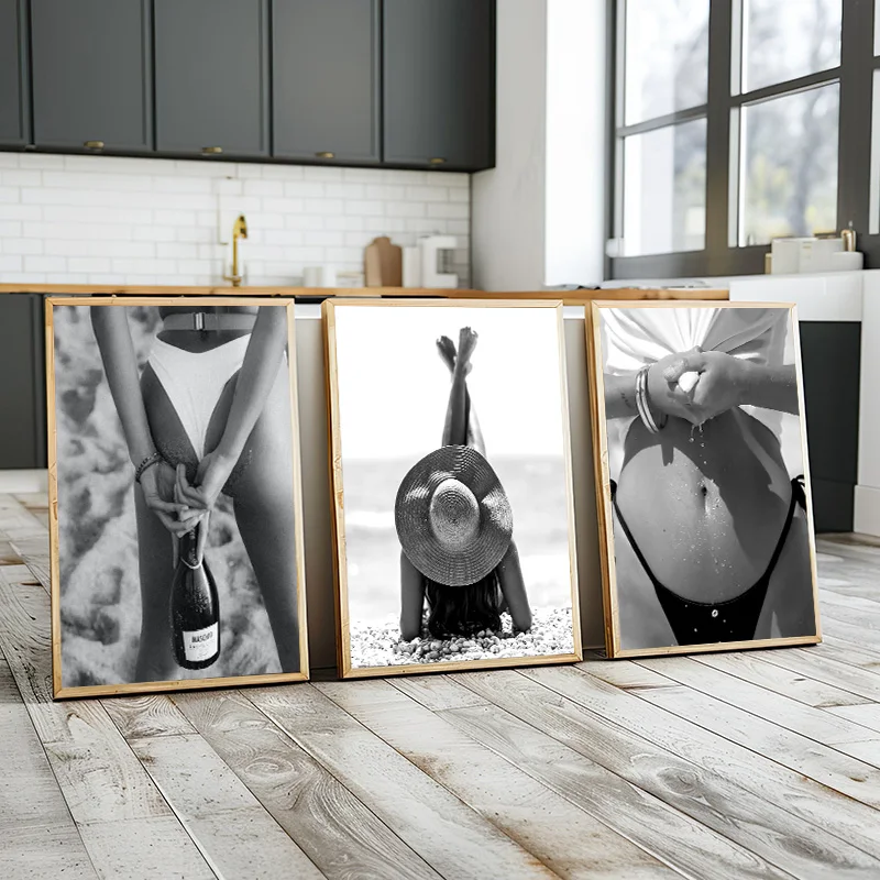 Sexy Black And White Beach Bikini Female Portrait Picture Posters Canvas Prints Wall Paintings Living Room Bedroom Home Decor