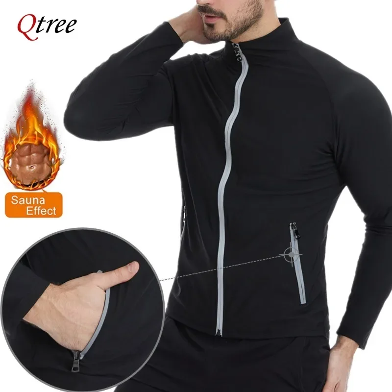 Qtree Sauan Jacket Slimming Sweat Compression Men Waist Trainer Shirts Hot Neoprene Body Shaper Long Sleeved Weight Loss Vest