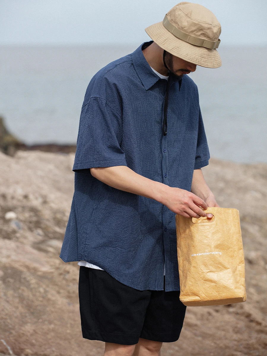 

Noears Loose Fit ort Sve irt Men's Summer Thin Cotton Youth Faion Retro Sle Blue Stripes Turn-down Collar y ...