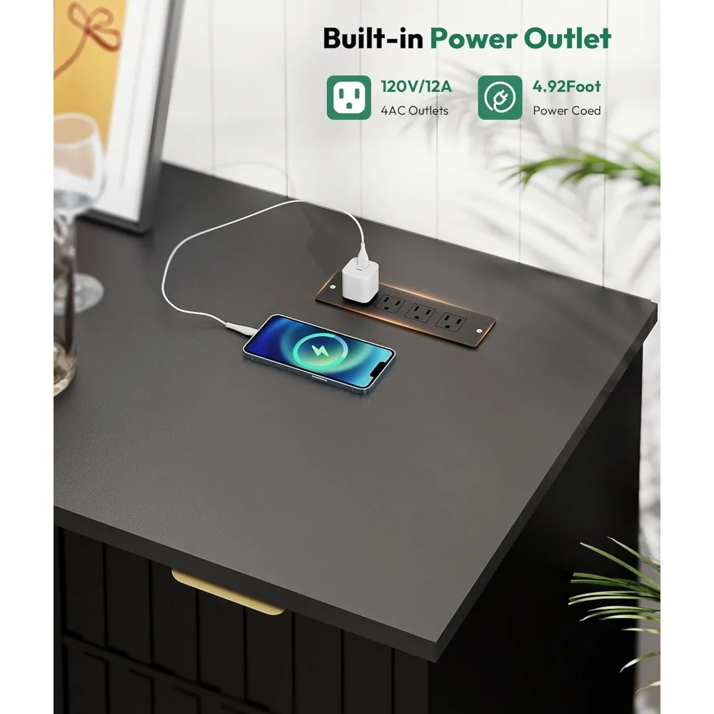 خزانة بار القهوة المخددة مع مساحة الثلاجة - خزانة بار النبيذ مع درج وتخزين الباب، وحامل ثلاجة صغير مع مخرج طاقة