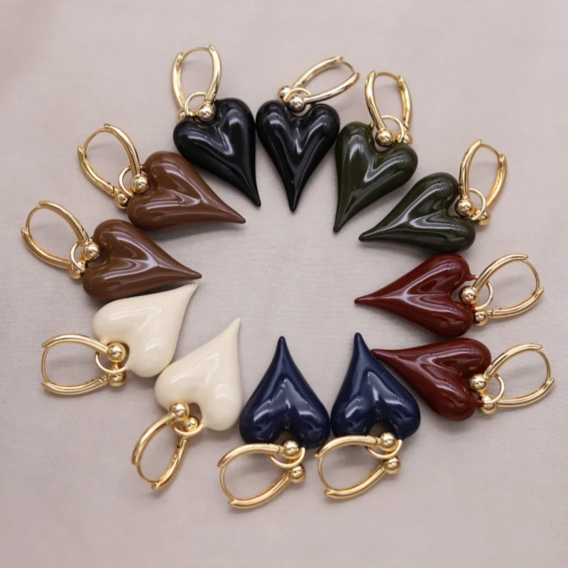 Korean new design fashion jewelry 18K gold plated love pendant enamel earrings elegant women's daily work accessories
