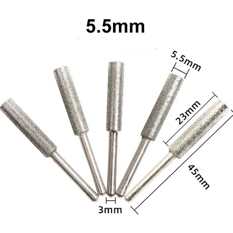 5pcs Diamond Coated Cylinder Head Grinding Burr Drill Bit 4/4.8/5.5mm Stone Carving Head Chain Saw Sharpening Grinding Tools