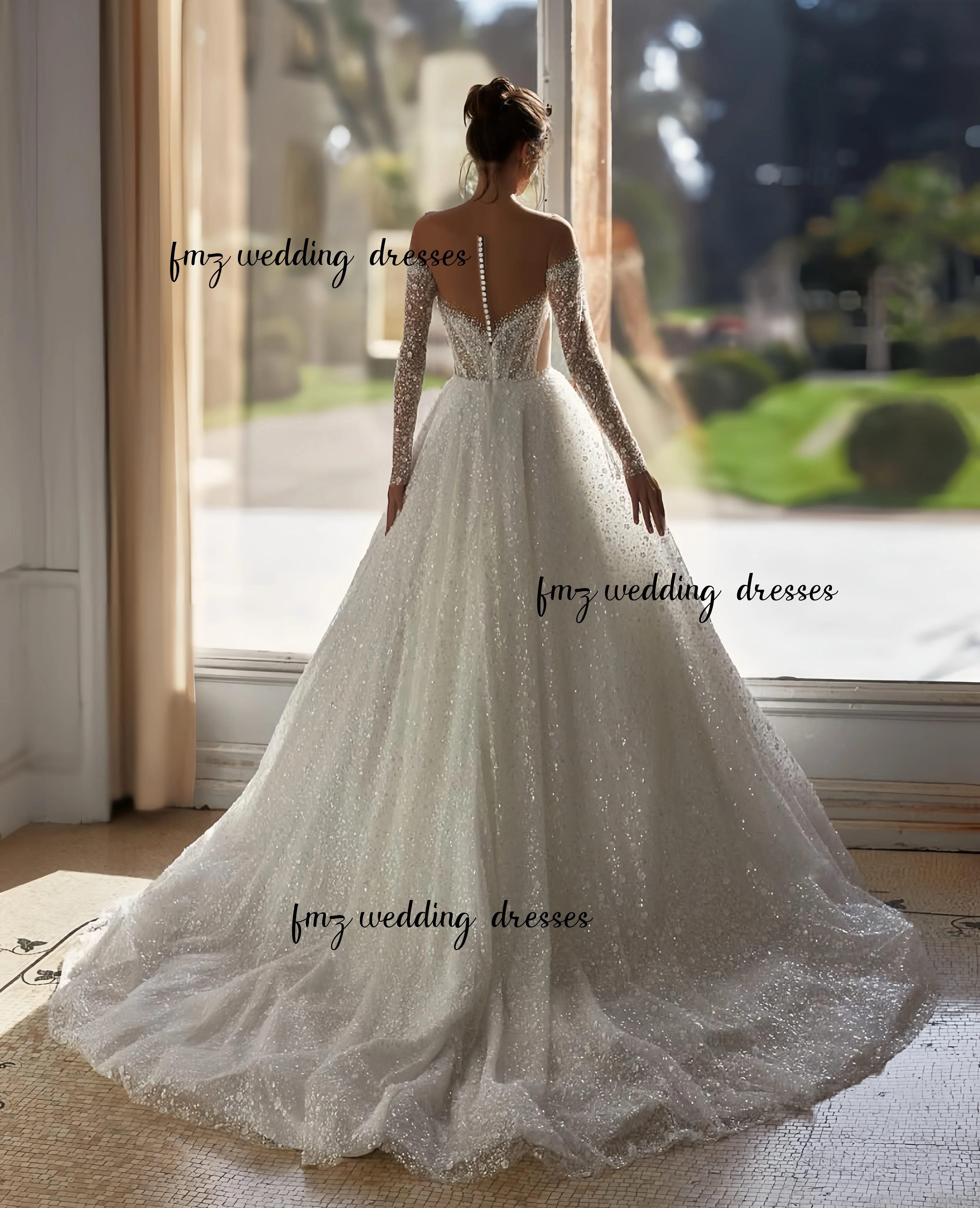 Customzied spoon collar long sleeve Shiny luxurious wedding dress Estidos de novia amanda novias  amanda novias official