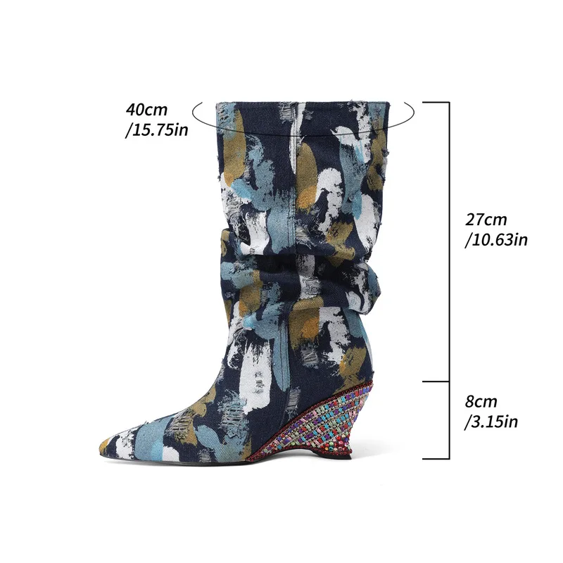 2026 Women Printed Slouchy Ankle Boots Pointed Toe Wood‑Pattern Wedge Heel Low‑Cut High Heel Fashion LadiesF472