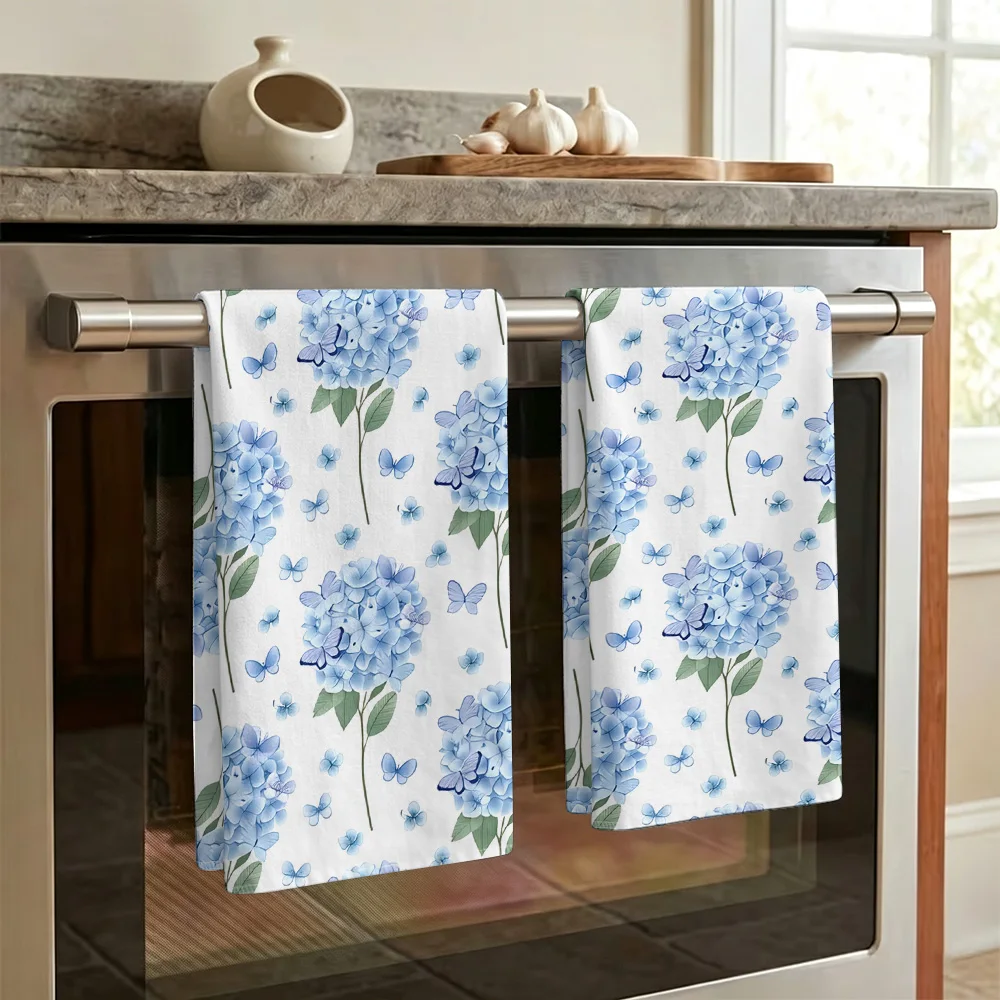 1pc/2pcs Blue Hydrangea and Butterfly Print Kitchen Towel-Super absorbent, reusable polyester dishcloths perfect for home decor,