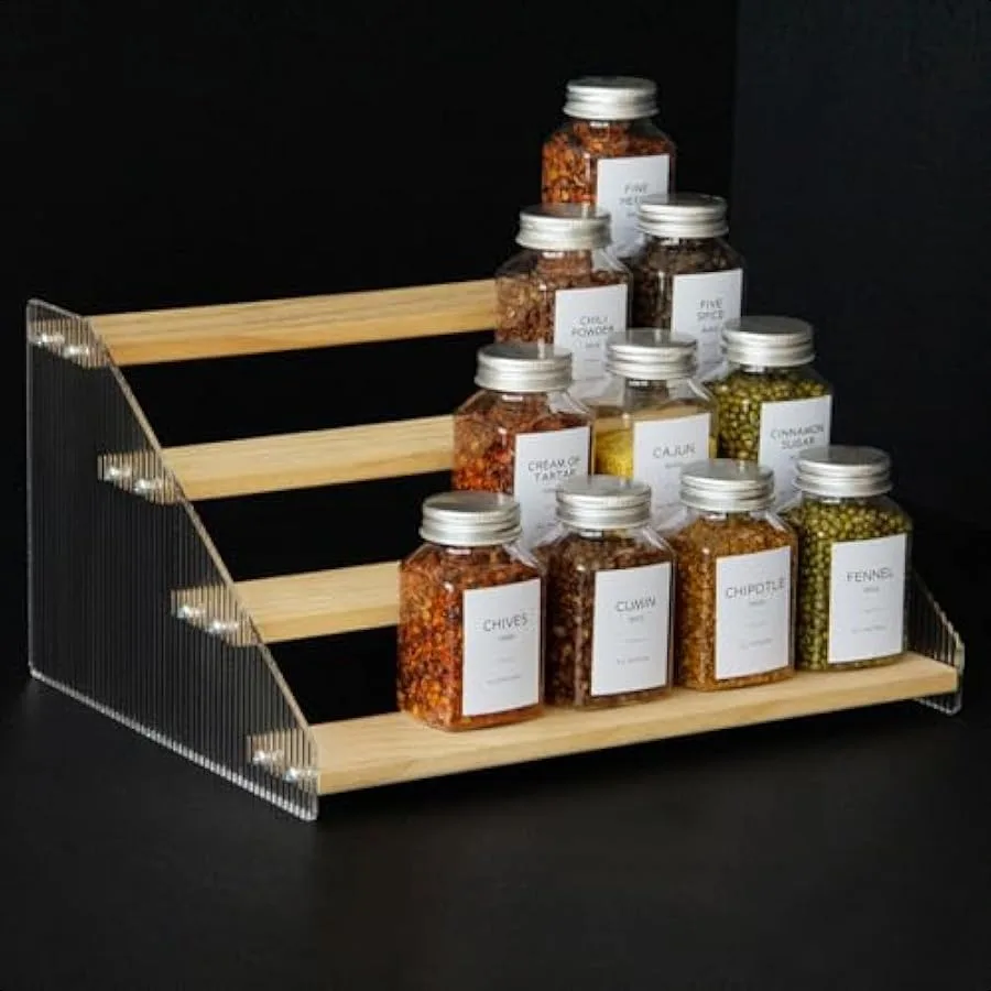 

Tiered Spice Rack 4Tier Spice Pantry Kitchen Cabinet Organizer 12Inch Natural Wood Acrylic Stair Riser Stand Countertop Seasoni