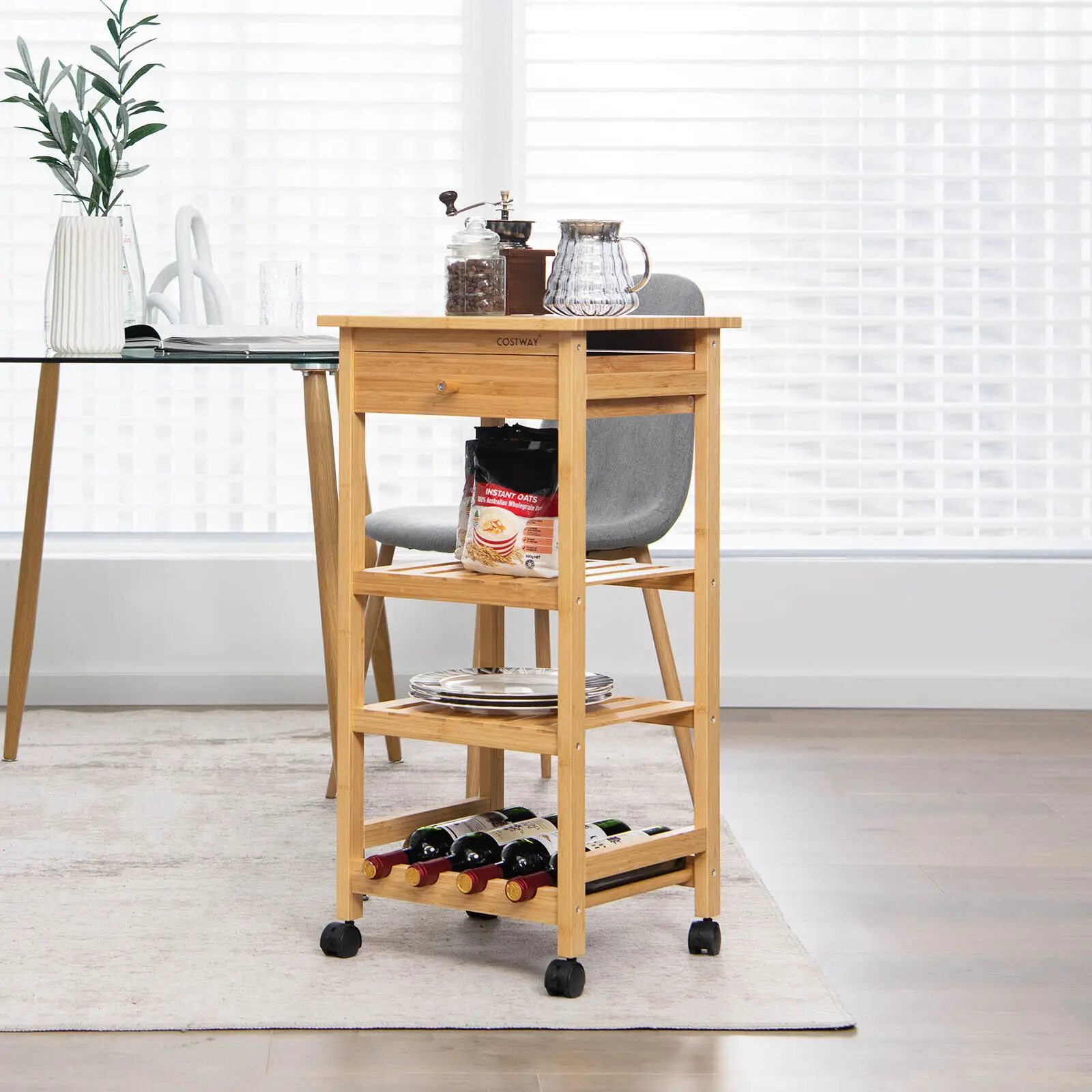 Costway Bamboo Kitchen Island Serving Cart Utility Trolley with Wine Rack on Wheels