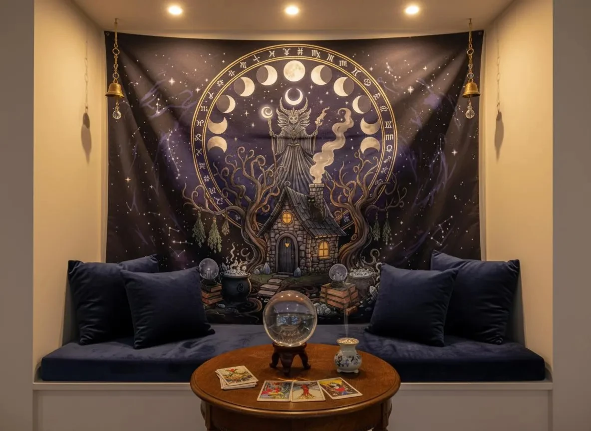 VIKAMA Witch's Cabin Moon Phase Tapestry Dark Starry Night Magic Background Cloth Meditation Room Bohemian Room Decoration
